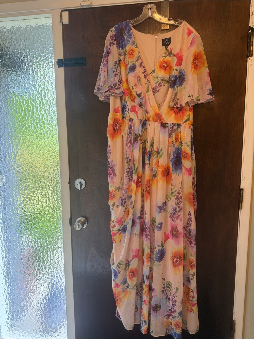 Adrianna Papell Floral Maxi Wrap Dress - Pink Background with Multicolor Blooms